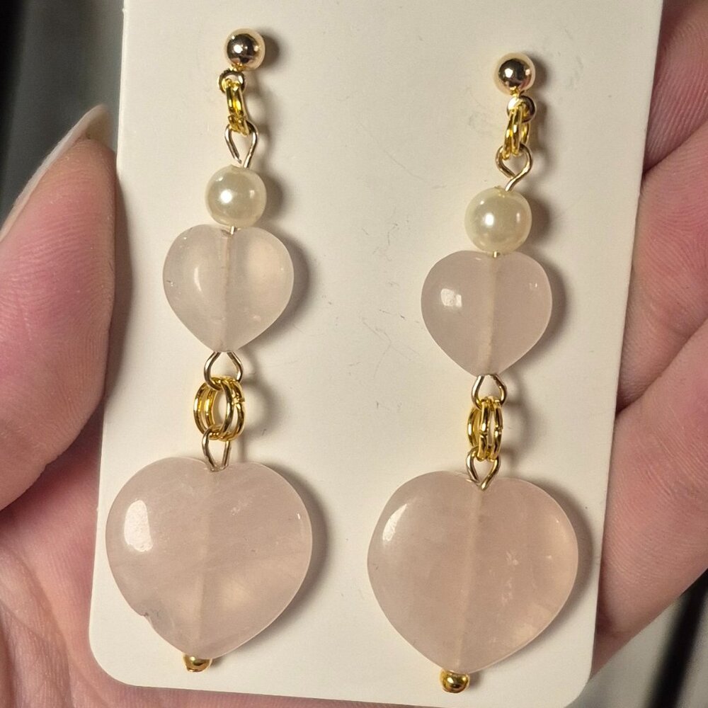 Rose Quartz Hearts Earings - Picture 3 of 8